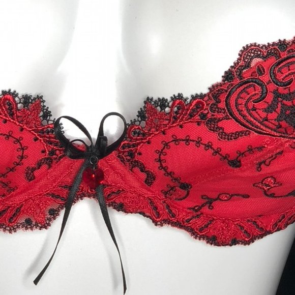 Elegant Red Lace Bra with black embroidery, crystal appliqués - Picture 4 of 6